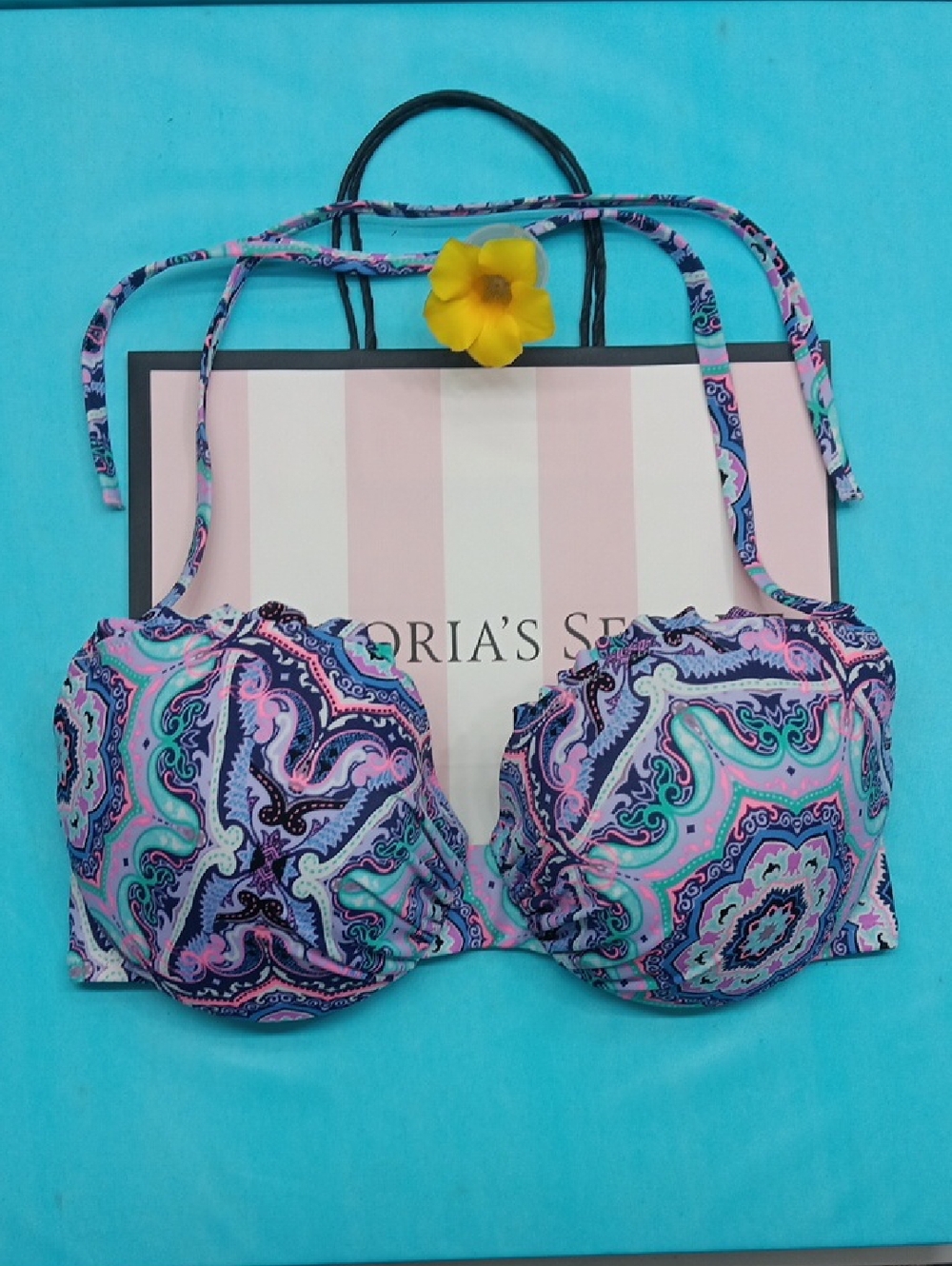 Victoria's Secret Paisley Halter Bikini Top - Purple, Teal & Pink Size 32DDD